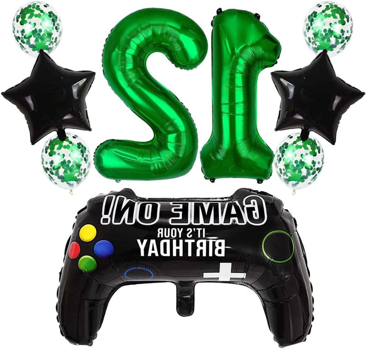 Nordivar - 12e verjaardag decoratie jongens | Game themed feestdecoratie | Nummer 12 folieballon | Groene gamecontroller ballon